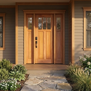 Porte d'entrée principale en bois massif de style artisanal américain, teck, acajou, Sungkai, avec panneaux latéraux - Product Image 5