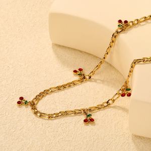 Collar de Cadena de Eslabones Huecos con Circonitas, Chapado en Oro PVD de 18K, de Acero Inoxidable, Estilo Moderno, con Colgante de Cereza Roja para Mujer - Product Image 4