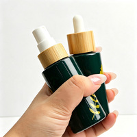 Ensemble d'emballages cosmétiques en verre vert, vente en gros directe usine, avec couvercle en bambou véritable, capacité personnalisable, rechargeable, commande en gros