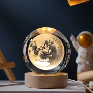 JAIYI Creative Wooden Base USB Crystal Ball Glass Desktop Decoration Night Light 3D LED Planet Table Light