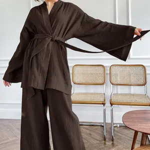Peignoir de luxe pour dames avec logo personnalisé Peignoir en coton lin pour hôtel SPA Kimono de bain enveloppant Pyjamas Pyjamas pour femmes