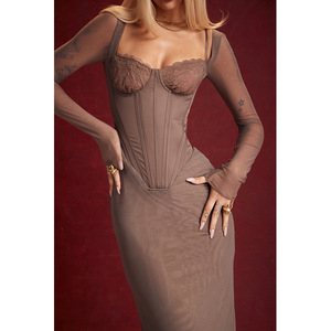 Vestido midi sexy de noche con cuello cuadrado y manga larga de malla con diseño de espina de pescado para mujer, venta al por mayor, <span class=keywords><strong>ropa</strong></span> de mujer, vestidos 2026 - Product Image 2