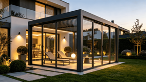 Pergola moderne en aluminium de qualité supérieure RKOVE RK-C1 avec portes coulissantes en verre entièrement fermées et toit à lamelles pour patio et villa - Product Image 4
