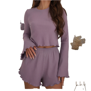 Women Knitted <b>Long</b> <b>Sleeve</b> <b>Crop</b> Top And Shorts Set Solid Color Round Neck Elastic Waist Casual Lounge Wear <b>Black</b> - Product Image 2