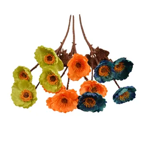 Hot Sale Artificial Flower Flocking Papaver Rhoeas Real Touch 4 Heads Silk Poppy Branch For Flower Arrangement