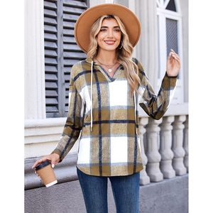 FOXA Sudadera con capucha a cuadros para mujer, manga larga, cuello en V, estilo casual para otoño, con bolsillos, mezcla de algodón transpirable - Product Image 5