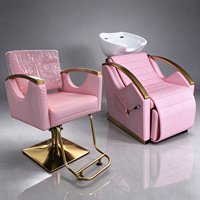 Ensemble de chaises de salon roses, chaise de coiffeur avec bac à shampooing, cadre doré, mobilier de salon en cuir PU rose