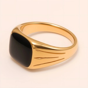 Wholesale 24K Gold Plated 316L Stainless Steel <strong>Ring</strong> Black Enamel Drop Glaze <strong>Craft</strong> Square Signet <strong>Ring</strong> for Men's Jewelry - Product Image 2