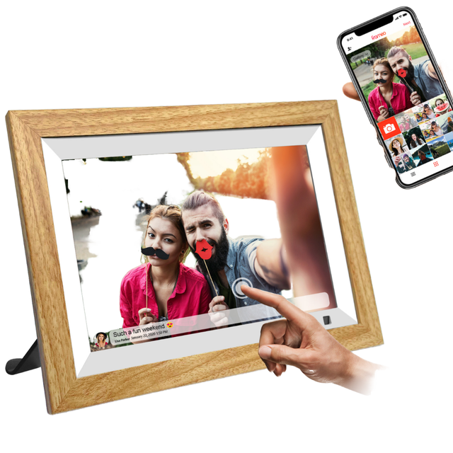 Frameo 10.1 Inch Smart WiFi Digital Photo Frame 1+16GB Memory Plays AVI MP4 Videos MP3 Audio Clock Function Solid Wood 1280x800