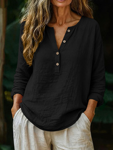 2026 New Women's Summer Casual Solid Color Breathable Long-Sleeve <b>Half</b>-Open V-Neck <b>Buttons</b> T-<b>Shirt</b> Blouse - Product Image 4