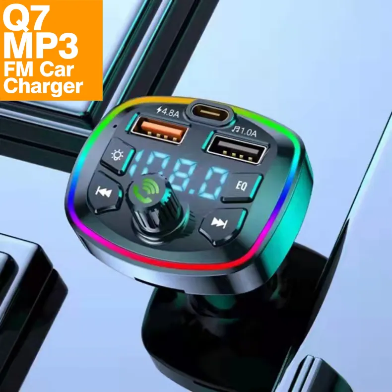 Q7 araç kiti BT 5.0 şarj FM verici PD 18W 20w tip-c çift USB ortam işığı çakmak MP3 müzik çalar