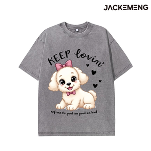 T-shirt en coton oversize délavé avec imprimé cœur de chiot maltais et nœud rose 'Keep <span class=keywords><strong>Lovin</strong></span>', style streetwear rétro, décontracté pour le quotidien, USA - Product Image 2