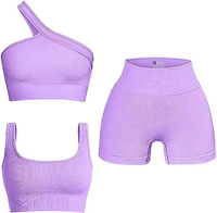 Ensemble de yoga 3 pièces côtelé sans couture en Spandex/Nylon, couleur unie, sexy, dos nu, bretelles non ajustables, style européen et américain