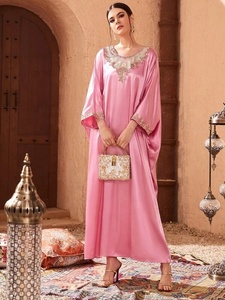 Ky tương phản ren hoa thêu <span class=keywords><strong>DOLMAN</strong></span> Batwing tay áo satin phụ nữ kaftan Dresses hồi giáo ăn mặc cho phụ nữ - Product Image 2