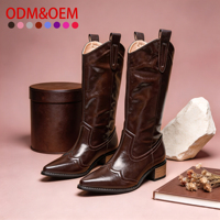 Nouvelle Arrivée Hiver 2026 – Bottes Mi-mollet Femme à Talon Carré, Bout Pointu, Style Western Vintage, Faciles à Enfiler, Grandes Tailles, Modèle ODM OM