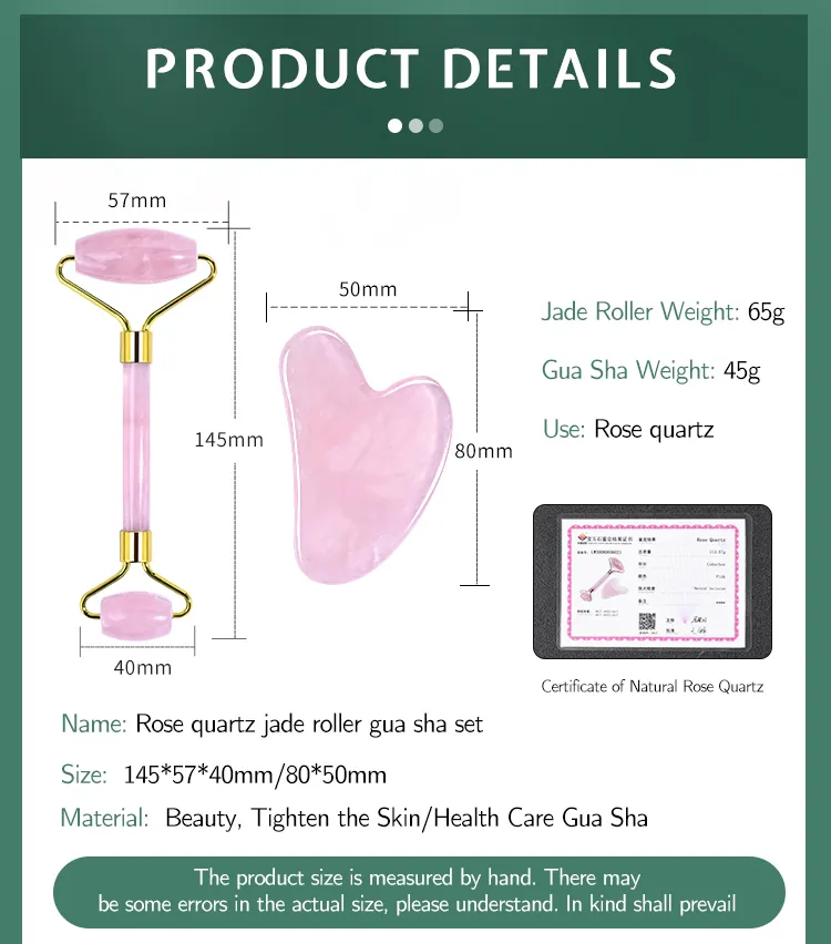 Rullo di giada al quarzo rosa con etichetta privata e Set di Gua Sha Kit di rulli di giada Anti-età all'ingrosso Set di massaggi in pietra di Guasha di giada naturale