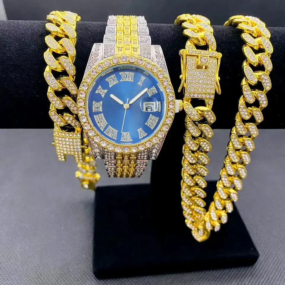 Volledig Iced Out Mannen Horloge Strass Hiphop Horloges Voor Mannen Horloge Ketting Armband Set Sieraden Hiphop Choker Cubana