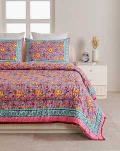 Pink Floral Cotton <b>Quilt</b> Hand Block Printed Reversible Bedspread Farmhouse <b>Bedding</b> Indian <b>Quilt</b> - Product Image 3