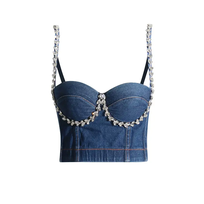 New dropshipping high quality hot fashion trending crystal beading denim halter top for women