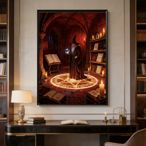 Art mural moderne imprimé <span class=keywords><strong>sur</strong></span> le thème d'Halloween, encadré dans du bois, orné <span class=keywords><strong>de</strong></span> motifs magiques et <span class=keywords><strong>de</strong></span> citrouilles, idéal pour la décoration intérieure. - Product Image 1