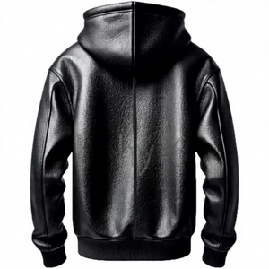 Chaqueta informal con capucha y cremallera para hombre, de cuero PU negro, con bolsillo canguro y cordón ajustable. - Product Image 2