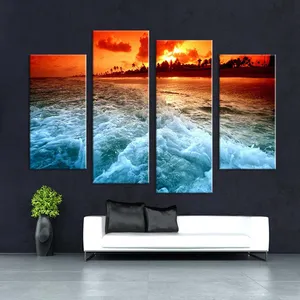壁の写真4pcsビーチの日没と潮の壁画プリント家の装飾のアイデアのためのキャンバスにアートにペイント