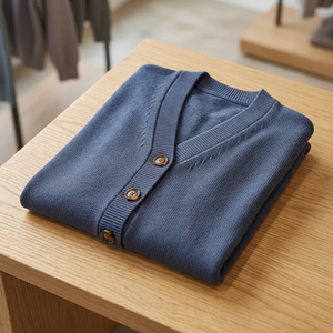 Cardigan bleu pour homme, col en V, tricot uni, fermeture boutonnée, style simple boutonnage, 100 % coton, séchage rapide, respirant - Product Image 3