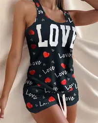 Zzsummer yaz pijama kadın aşk kalp baskı iki parçalı şort ve tank top sevgililer pijama kadın pijama seti