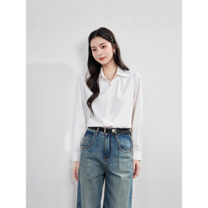 Women's Long Sleeve White Shirt Button Down Office Wear Simple Style Folds Design Spring Autumn Collection - Product Image 1