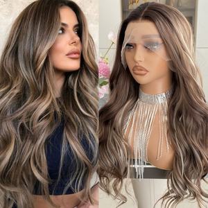 Pelucas de Cabello Sintético Sostenible al por Mayor, Onduladas, con Frente de Encaje Transparente, Color Balayage Marrón Chocolate - Product Image 2