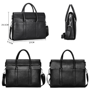 Men's Genuine <b>Leather</b> <b>Briefcase</b> Large Capacity Horizontal Square Tote Bag For Business Travel Black - Product Image 3