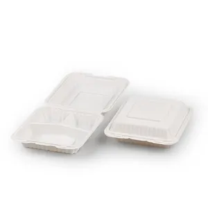 Mfpp 8x8 3 Compartment Clamshell Hinged Lid Take Away Food Container White Disposable Biodegradable Corn Starch Togo Lunch Box