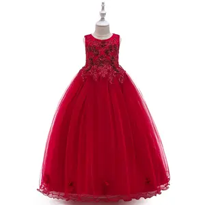 Fashionable Kids Embroidered Flower Beading Wedding Gown Girl Lace Dress Models Party Dress For 2-12 Years Old Girl