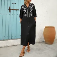 Robe midi vintage décontractée en viscose brodée unie pour femme, coupe ample, manches courtes, col rond, mode estivale