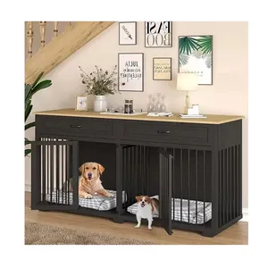 Multi-Functional Wooden Dog house with 2 Drawers Outdoor Kennel with 2 Rooms Removable cage for small Pets Cats