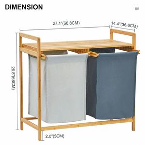 Panier à linge et étagère en bambou, panier à linge à deux compartiments avec sac amovible, organisateur et rangement à linge à 2 sections, - Product Image 2