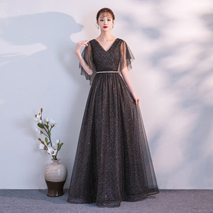 Women's Evening Gown V-Neck <b>A</b>-<b>Line</b> Chiffon Sheer Layer Natural Waistline Long <b>Dress</b> For Banquet Wedding Performance - Product Image 2