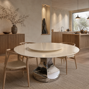 Table à manger personnalisée, plateau rond, style moderne, villa, 8 places, pieds en métal, meubles en pierre, luxe, marbre blanc jade royal - Product Image 6