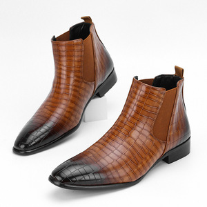 Botas de cuero genuino para hombre, estilo tobillero, superficie brillante, punta puntiaguda, estampado, sin cordones, suela de goma antideslizante, venta al por mayor - Product Image 6