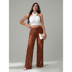 Women's Floral <b>Lace</b> Sheer Straight Leg Pants Natural Waist Club Wear - Product Image 3