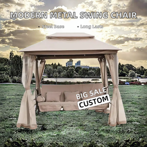 Outdoor <b>Patio</b> <b>Swing</b> Chair with Canopy and Curtains Seat 3 People Fabric Cushion Modern Design Metal for Outdoor Use - Product Image 2