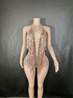 Étincelant Strass Frange Dos Nu Halter Combinaison Femmes Sexy Sans Manches Body Latin Pole Dance Performance Costume