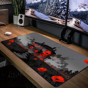 แผ่นรองเมาส์สำหรับเล่นเกมลายดอกไม้สีแดง - 15.<span class=keywords><strong>7</strong></span> X 35.4 นิ้ว พร้อมฐานยางกันลื่นและขอบเย็บ - Product Image 2