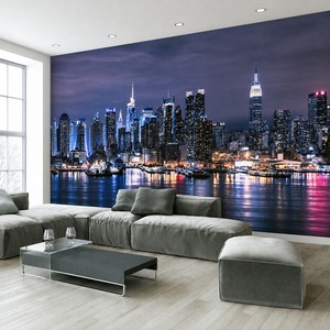 Mural Personalizado de Paisaje Urbano Nocturno, Papel Tapiz de Lienzo al Óleo para Sala de Estar - Product Image 1