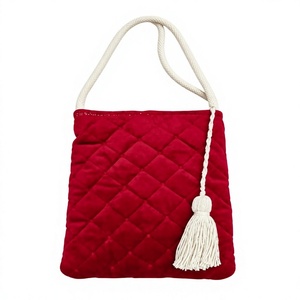 velvet Quilted crossbody pouch <b>Bag</b> With White Rope Handle And Tassel Decoration cotton <b>cord</b> tassel fashion pouch - Product Image 1