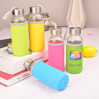 Bouteille d'eau ronde Sport 10oz 14oz 16oz, bouteille en verre pour jus de fruits et boisson avec couvercle en acier inoxydable