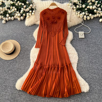 Robe décontractée élégante pour femme WIWT, rouge, à manches longues, coupe trapèze, plissée, avec appliques perlées et ourlet à volants, longueur midi, pour le quotidien