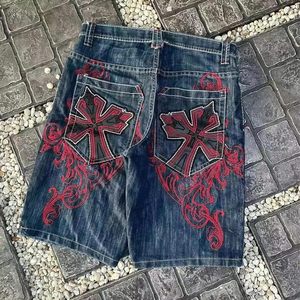 hong kong custom Embroidery Men's <b>Boot</b> Cut Mid Waist Y2K <b>Gothic</b> Harajuku Style Baggy Denim Shorts Streetwear Summer Vacation - Product Image 2