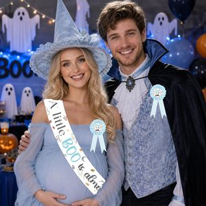 Décorations de fête prénatale d'Halloween : Écharpe « Un petit Boo est bientôt là » bleue, kit de corsages « Future maman et papa » avec citrouille, fantôme et chauve-souris - Product Image 3