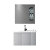 Meuble-lavabo mural gris étanche à 3 portes avec miroir LED et vasque en céramique pour hôtel et appartement - Vente en gros usine